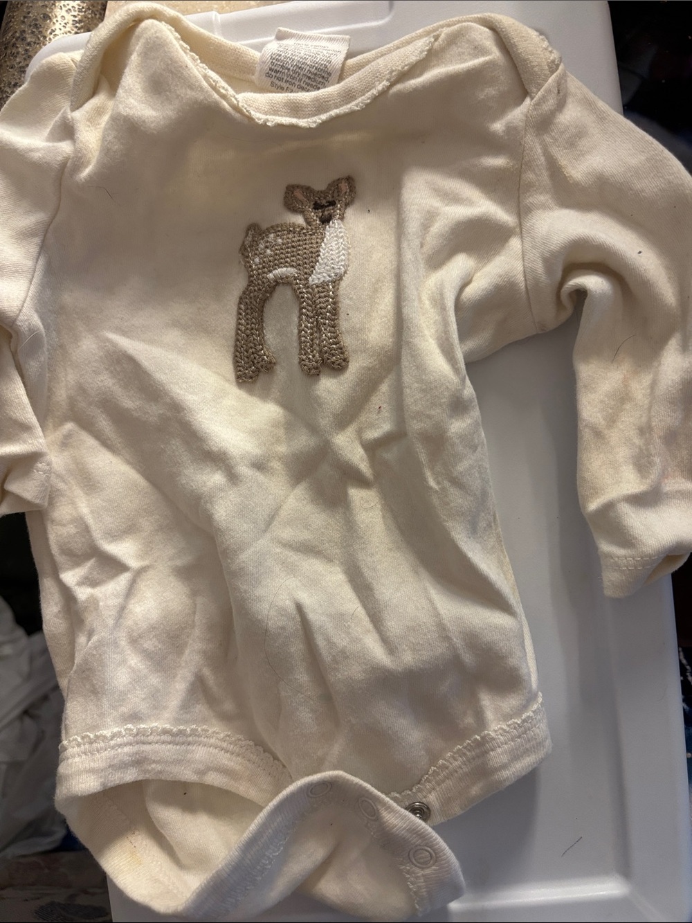 Starting Out Cream Long-Sleeve Bodysuit with Deer Appliqué 3 months